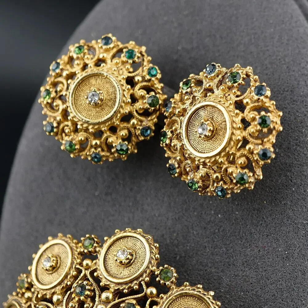 Vintage Florenza Demi Parue Brooch Earrings Green Cabochon Victorian Revival Set